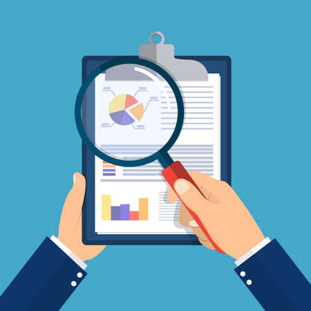hand holding clipboard with financial reports and magnifying glass. vector illustration in flat designのイラスト素材