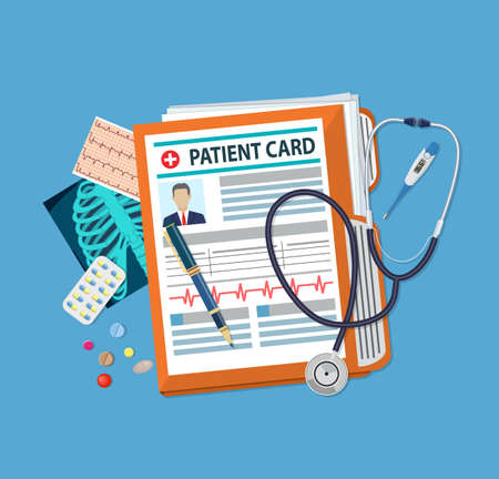 Folder woth documents, stethoscope, pills, pen, thermometer, x-ray. patient card. medical report. analysis or prescription concept. vector illustration in flat styleのイラスト素材