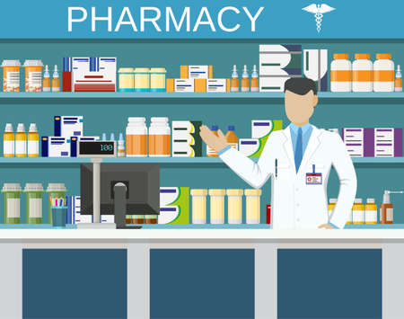 Modern interior pharmacy or drugstore with male pharmacist at the counter. Medicine pills capsules bottles vitamins and tablets. vector illustration in flat styleのイラスト素材