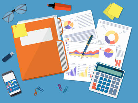 Business document concept. documents folder, financial report with graphs, calculator and pen....