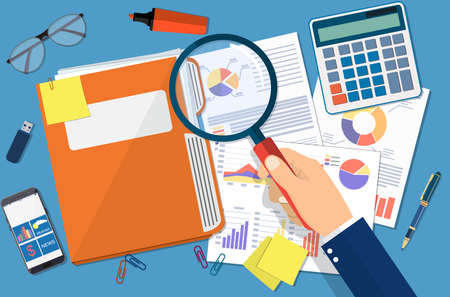 Hand with magnifying glass, analysis of financial report. Financial audit concept. Auditing tax process. vector illustration in flat design.のイラスト素材