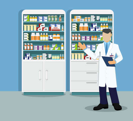 Modern interior pharmacy or drugstore with male pharmacist at the counter. Medicine pills capsules bottles vitamins and tablets. vector illustration in flat styleのイラスト素材