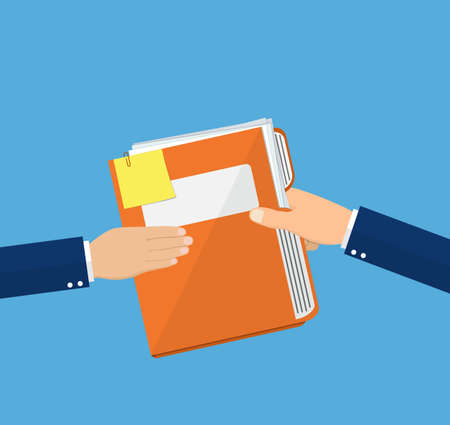 Hands Give Folder Document Papers, Concept Businessmen Share Information. vector illustration in flat styleのイラスト素材