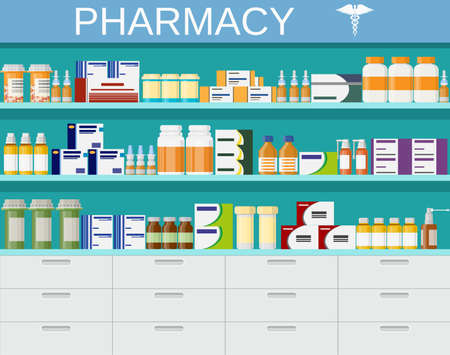 Modern interior pharmacy and drugstore. pharmacy shelves with medicine pills bottles liquids and capsules. vector illustration in flat style.のイラスト素材