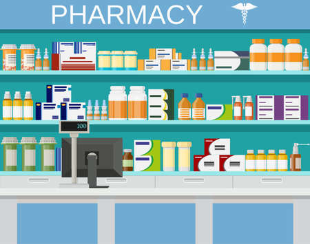 Modern interior pharmacy and drugstore. pharmacy shelves with medicine pills bottles liquids and capsules. vector illustration in flat style.のイラスト素材