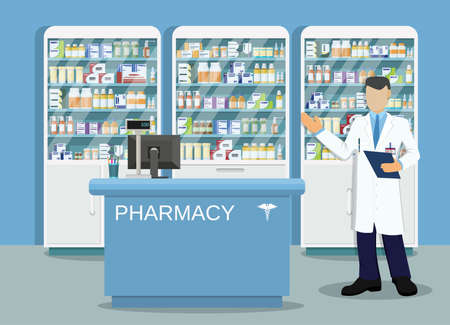 Modern interior pharmacy or drugstore with male pharmacist at the counter. Medicine pills capsules bottles vitamins and tablets. vector illustration in flat styleのイラスト素材