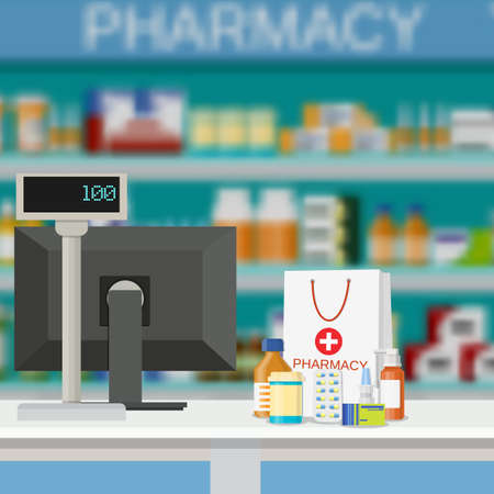 Modern interior pharmacy and drugstore. paper packet with medicine pills bottles liquids and capsules. vector illustration in flat style.のイラスト素材