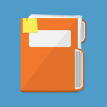 Orange documents folder with paper sheets and sticky notes. Vector illustration in flat styleのイラスト素材