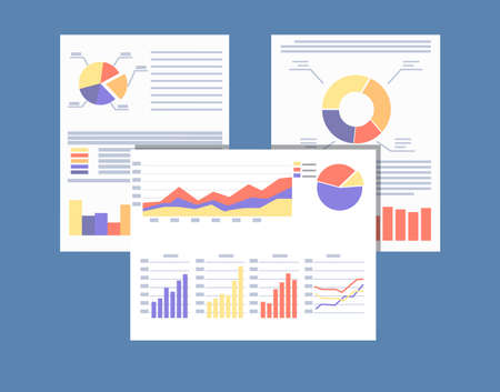 financial reports and documents with graphs, vector illustration in flat styleのイラスト素材