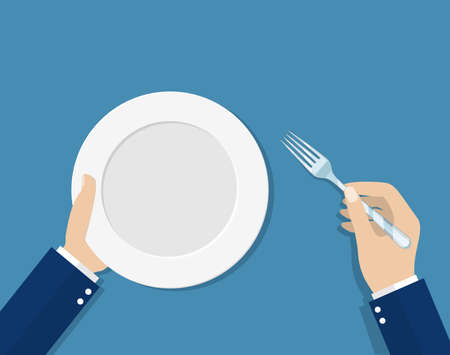 hands with steel fork and empty plate.の写真素材
