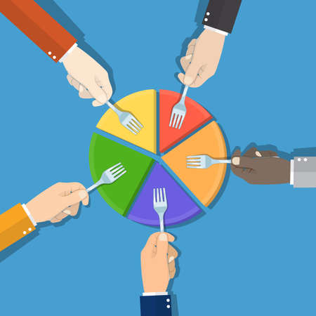Market share. Hand picking pie chartの写真素材