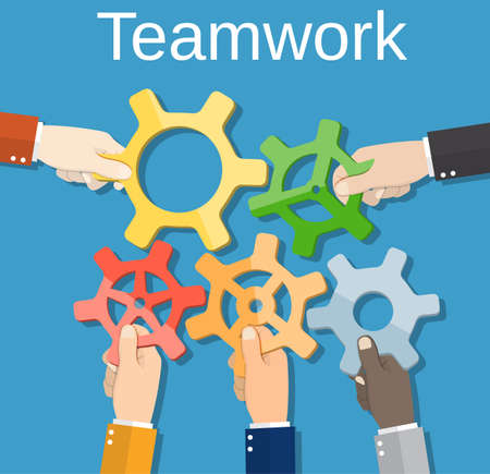 Cartoon businessmans hands joining gears. Business team and teamwork concept. vector illustration in flat designのイラスト素材