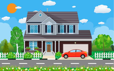 Private suburban house with car,のイラスト素材