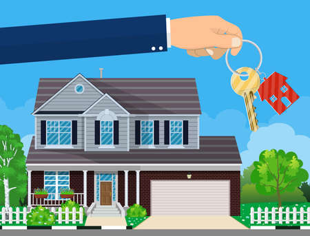hand with house key and cottage on the background. Real estate concept. vector illustration in flat styleのイラスト素材