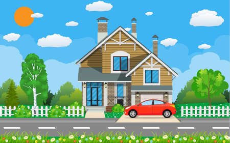 Private suburban house with car,のイラスト素材
