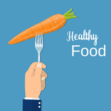 Hand hold a carrot on a fork,のイラスト素材