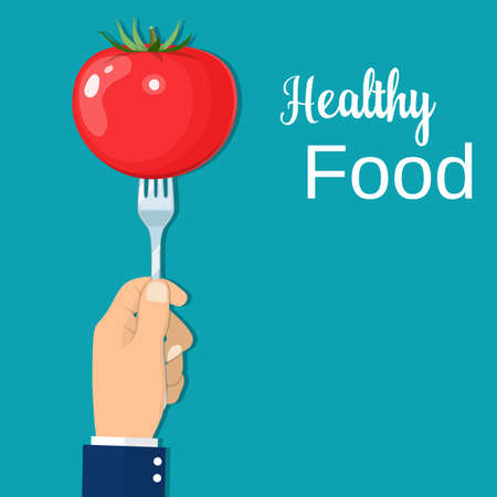 Hand hold a tomato on a fork,のイラスト素材