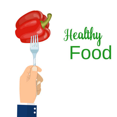 Hand hold a pepper on a fork,のイラスト素材