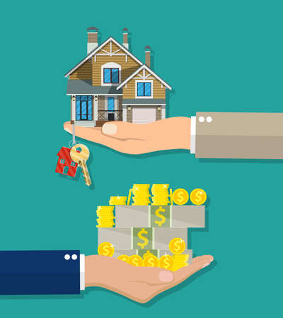 Hands with money house with keys.のイラスト素材