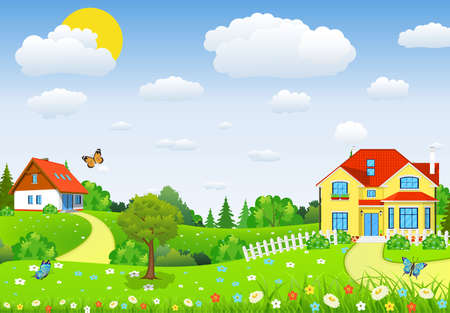 Rural landscape with fields and hillswith fields and hills. Summer landscape with beautiful village. vector illustrationのイラスト素材