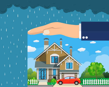 Home insurance concept. Hands protecting house from danger. Insurance business. Vector illustration in flat design.のイラスト素材