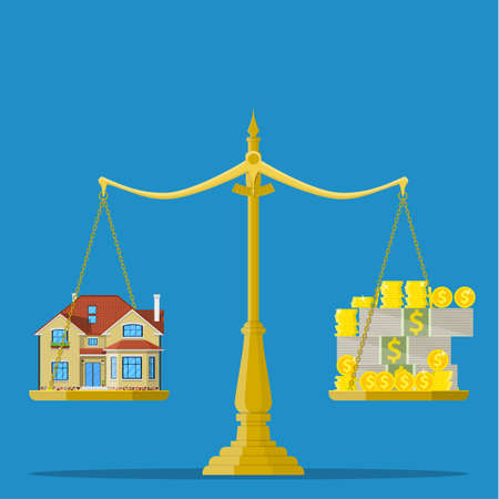 Scales with house and money. Real estate, rental, expense, liabilities and mortgage conceptのイラスト素材