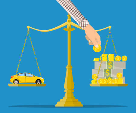 Scales with car and money. Buying a car. Vector illustration in flat styleのイラスト素材