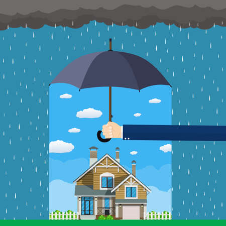 Home insurance concept. Hands hold umbrella over house and protecting house from danger. Insurance business. Vector illustration in flat design.のイラスト素材