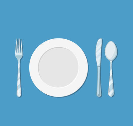 plate knife, spoon and fork icon isolated on blue background. vector illustration in flat styleのイラスト素材