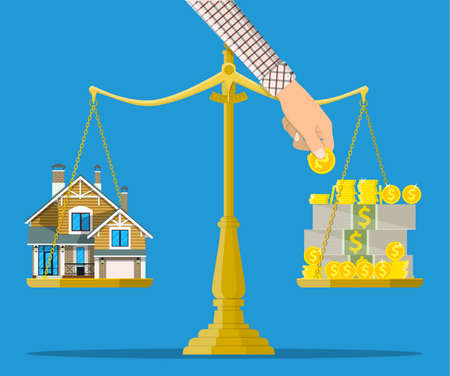 Scales with house and money. Buying a home. Real estate. Vector illustration in flat styleのイラスト素材