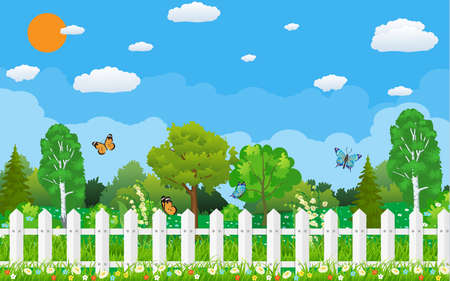 Summer and spring nature landscape with forest, flowers and fence. Vector illustrationのイラスト素材