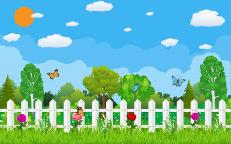 Summer and spring nature landscape with forest, flowers and fence. Vector illustrationのイラスト素材