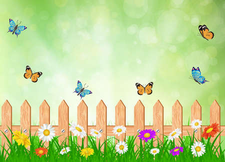 Beautiful spring rural landscape view. fence in grass with flowers and a butterfly. Vector illustrationのイラスト素材
