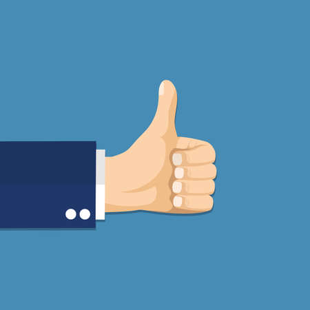 Businessman hands hold thumbs up. vector illustration in flat design. Financials, work motivationのイラスト素材