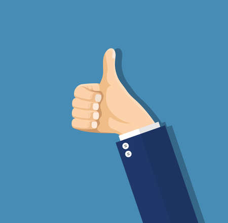 Businessman hands hold thumbs up. vector illustration in flat design. Financials, work motivationのイラスト素材