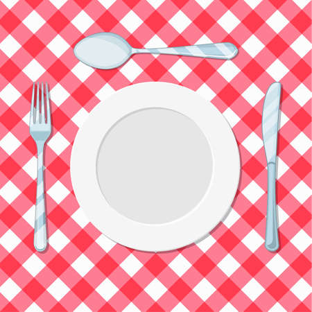 plate knife, spoon and fork on a red tablecloth in a cage. vector illustration in flat styleのイラスト素材