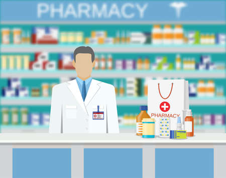 Modern interior pharmacy or drugstore. Medicine products on shelves. Male pharmacist.のイラスト素材