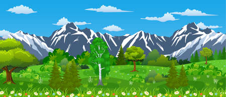 Summer nature landscape with mountains, forest, grass, flower, sky and clouds. National park. Vector illustration in flat styleのイラスト素材