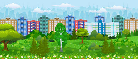 Modern city view. Cityscape with office and residental buildings, city park with trees and flowers, sky and clouds. Vector illustration in flat styleのイラスト素材