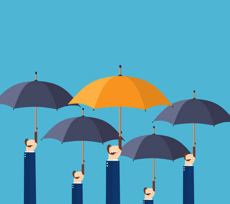 Uniqueness and individuality. Difference concept. Man holding a orange umbrella among people with black umbrellas. Vector illustration in flat styleのイラスト素材