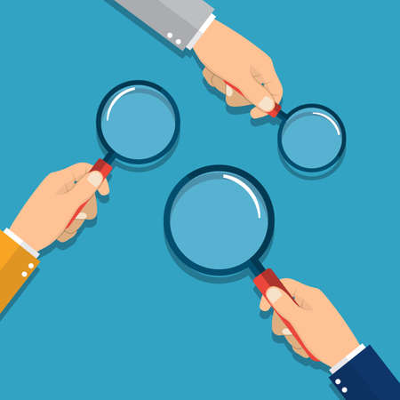 hands holding a magnifying glass. Concept of searching, detecting and analyzing. vector illustration in flat design on blue backgroundのイラスト素材