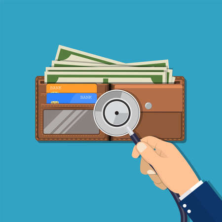 Hand with medial stethoscope and leather wallet with dollar cash, coins, bank cards. Check the financial stability. Vector illustration in flat styleのイラスト素材