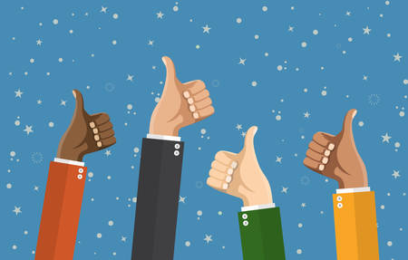 Businessmans hands hold thumbs up. vector illustration in flat design. Financials, work motivationのイラスト素材