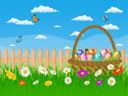 Easter card with Easter eggs on a grass field with flower wooden fence in the background.のイラスト素材