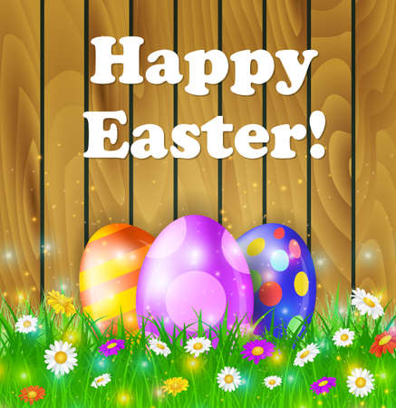 Easter eggs in grass on brown wooden background with flowers Happy Easter, Vector illustrationのイラスト素材