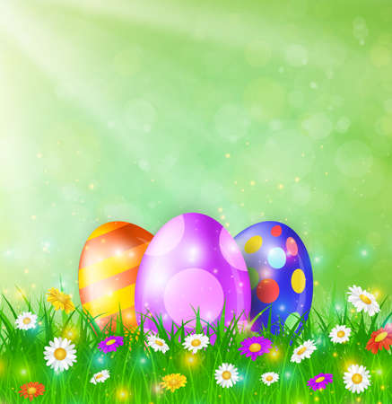 Happy Easter Card with Eggs, Grass, Flowers and Bokeh Effect. Vector illustrationのイラスト素材