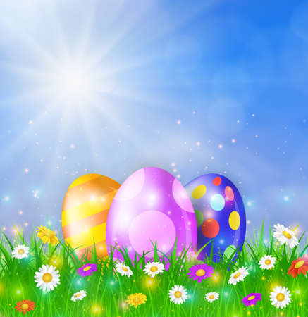 Happy Easter Card with Eggs, Grass, Flowers and Bokeh Effect. Vector illustrationのイラスト素材