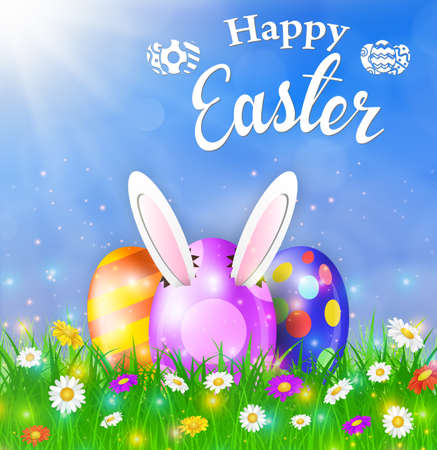 Happy Easter Card with Eggs, Grass, Flowers. Rabbit ears sticking out of the egg. Vector illustrationのイラスト素材
