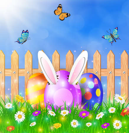 Easter eggs on a grass field with flower on wooden fence background. Rabbit ears sticking out of the egg. Vector illustrationのイラスト素材