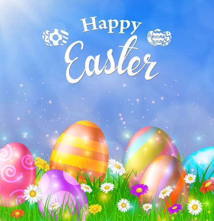 Happy Easter Card with Eggs, Grass, Flowers and Bokeh Effect. Vector illustrationのイラスト素材